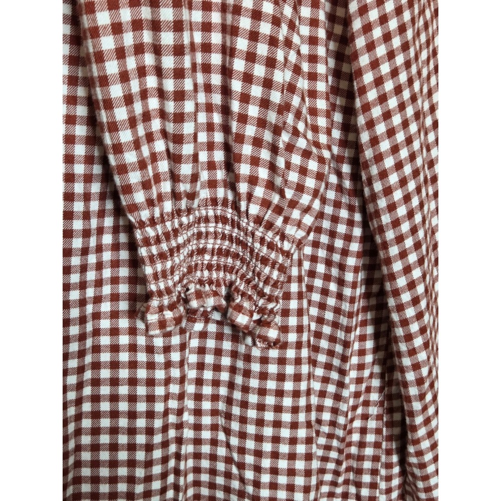 Market & Spruce Womens XL Red Brown Gingham Button Front Blouse Smocked Cuff - Picture 5 of 8